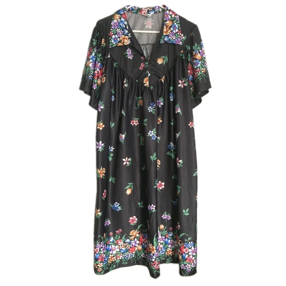 Yakko Kaftan House Dress Womens 1X Black Floral Satin Collared Vneck Midi Lounge